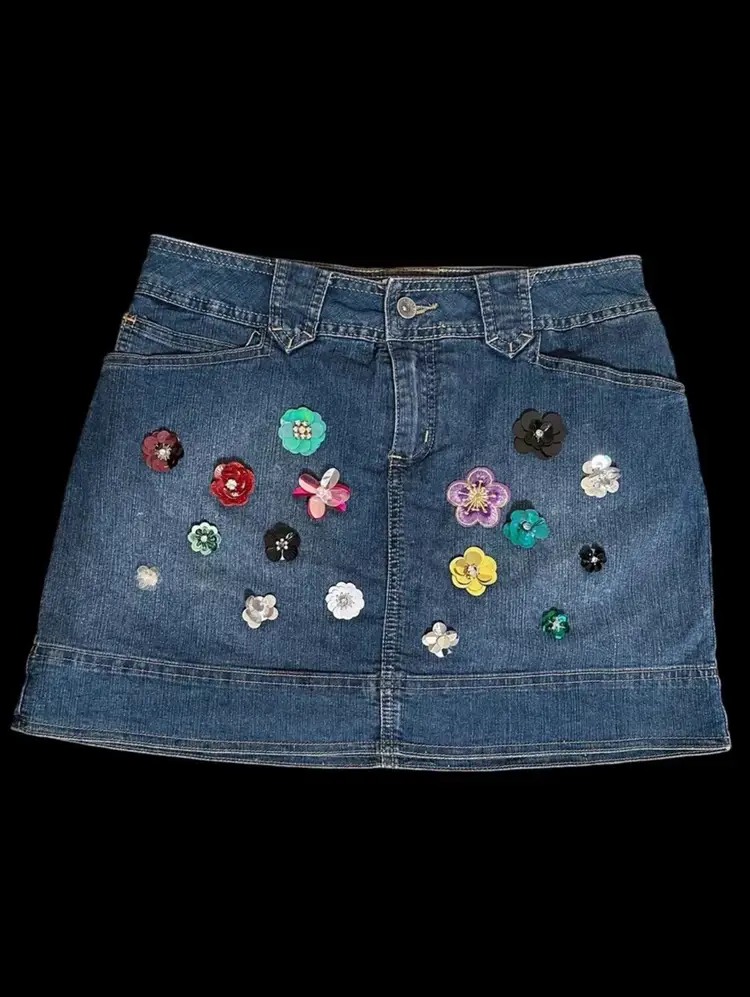 Reworked Hand Embroidered Multicolored Sequin Flowers Front Detail Denim Y2K Mini Skort US Size Petite 8/M