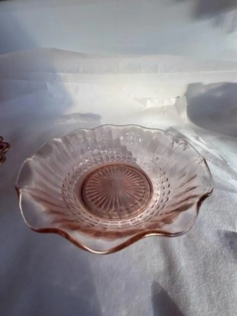 Vintage pink depression candy dish with fluted edge