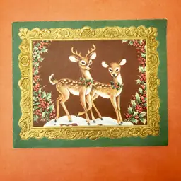 Vintage Hawthorne-Sommerfield Christmas Card Unused ~ Two Deer~ Embossed ~ Litho