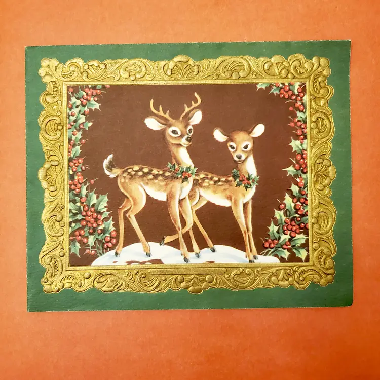 Vintage Hawthorne-Sommerfield Christmas Card Unused ~ Two Deer~ Embossed ~ Litho