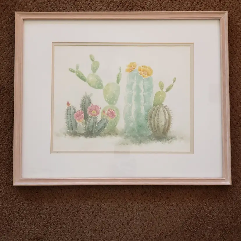 Mary Jane Watercolor Painting Flowering Cactus Signed and Dated 1991 framed Vintage