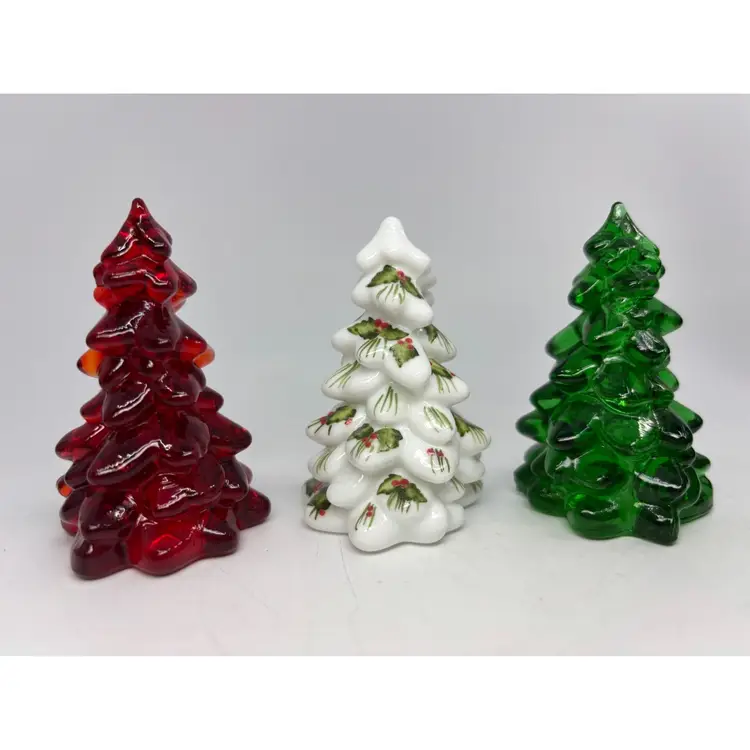 Mini Glass 🎄 Tree-o: Ruby Red Amberina, Holly Milk Glass, Emerald Green 2.75” ~ Mosser Glass