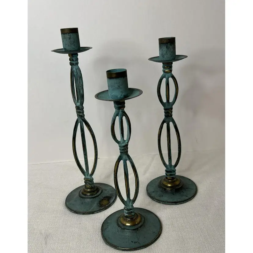Vintage Lot/3 MCM Brass & Verdigris Patina Staggered Candlestick Holders