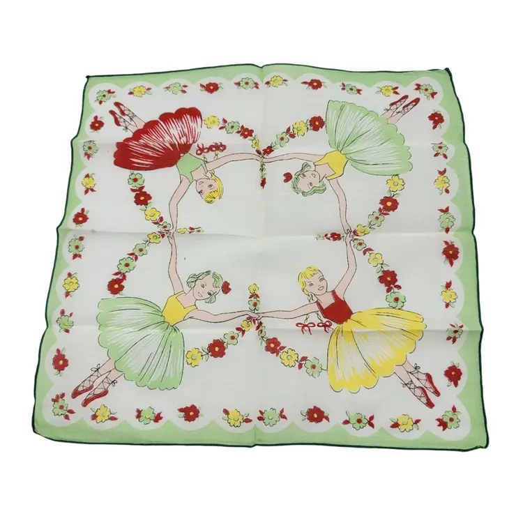 Vintage Square Ballerina Child Handkerchief Dancing Girls Green Floral Design