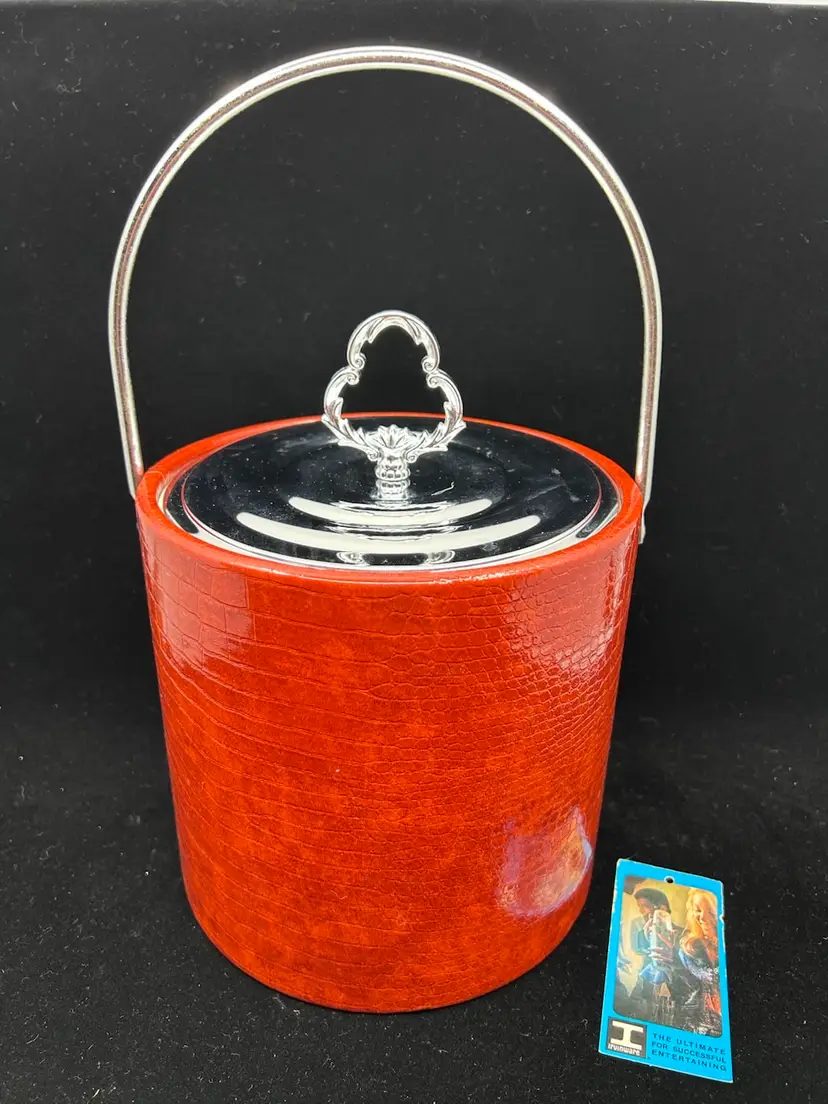 Vintage 60s Irvinware Ice Bucket Faux Alligator Cocktail Barware Orange/red MCM Man Cave