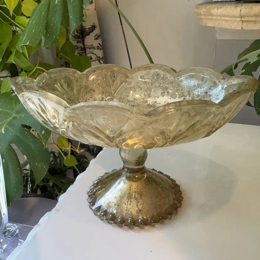 Vintage Silver Mercury Glass Style Compote