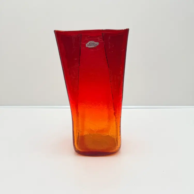 Blenko Tangerine Vintage Crackle Glass Bag Vase
