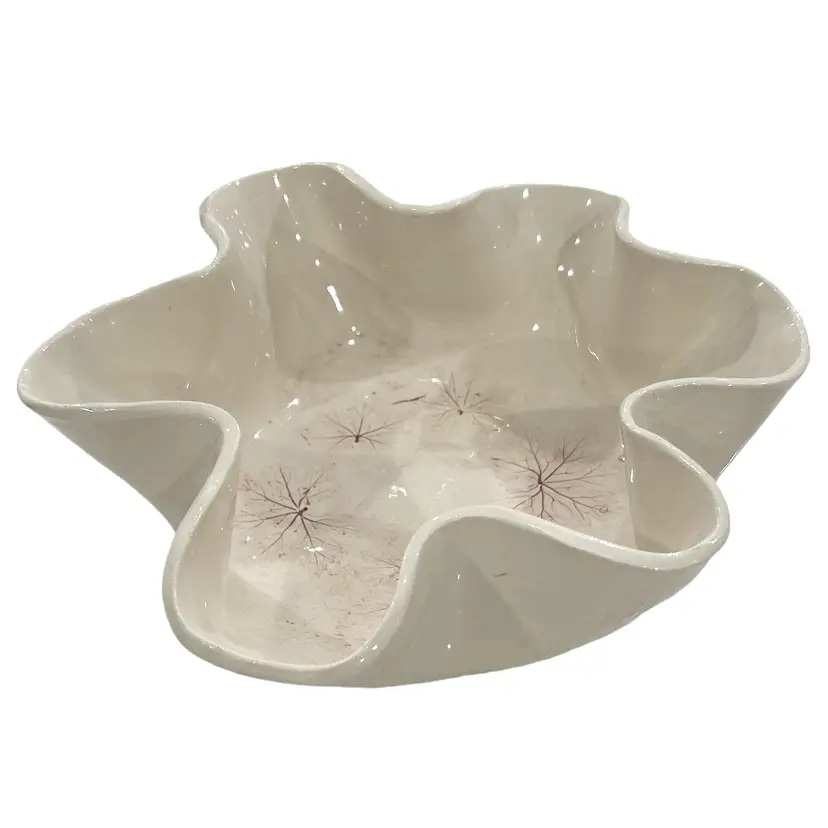 Vintage Cream Colored Footed Ceramic Bowl With Red Bursts