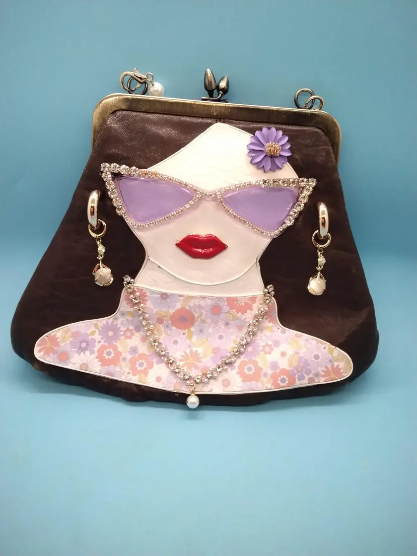 An Upcycled BY ME, Brown Vintage Leather Purse With A 3D Retro Lady Face And REAL Jewelry.