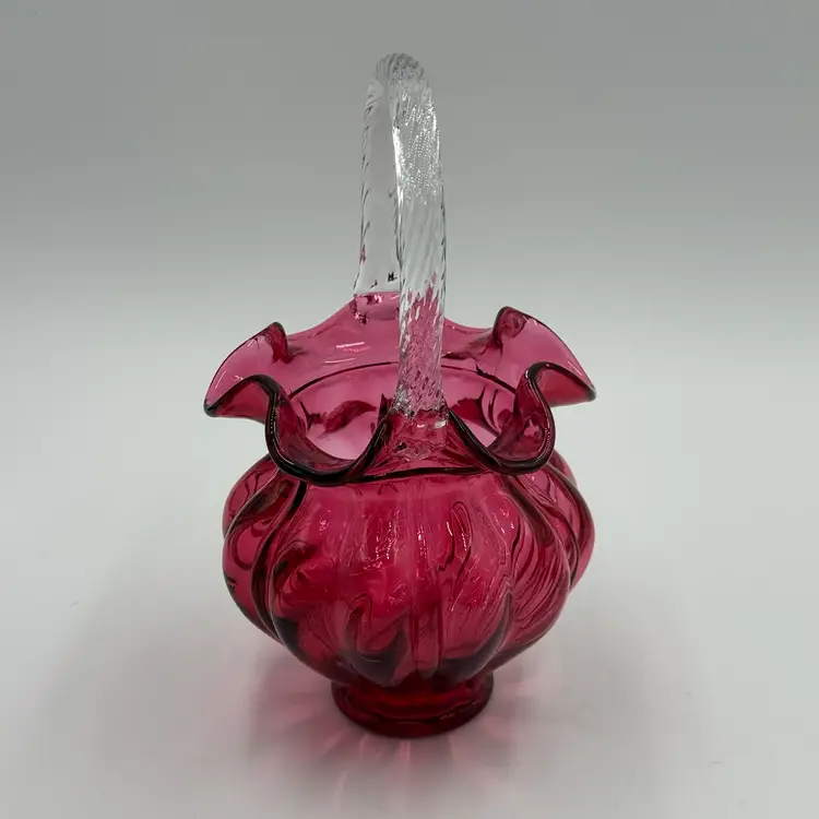 Fenton Vintage Country Cranberry Ruffled Glass Optic & Clear Handle Swirl Melon Basket