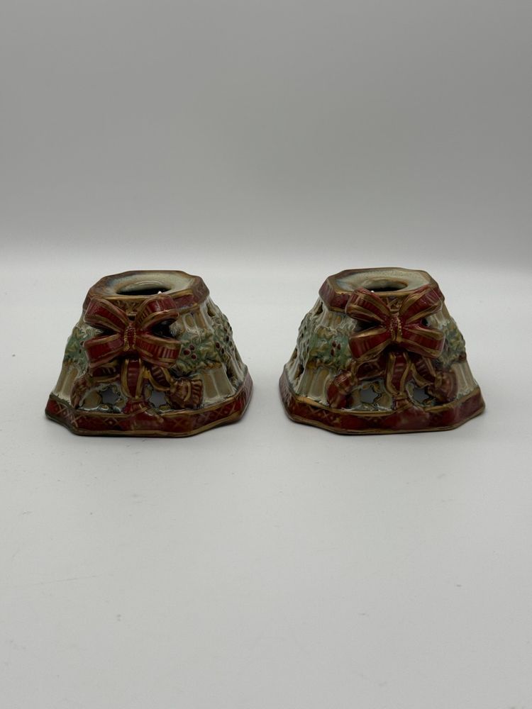 Ceramic Pair Of Christmas Holiday Candle Holders