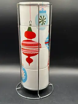 Pier 1 CHRISTMAS ORNAMENT MUGS Stack w/ Rack STONEWARE 8oz. FESTIVE Set of 4