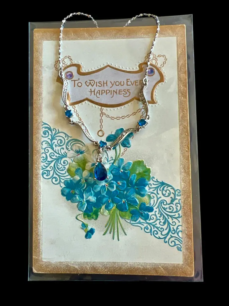 Vintage Blue Gemstone Marked NR 18” Necklace & Early 1900 Printed In Germany Postcard