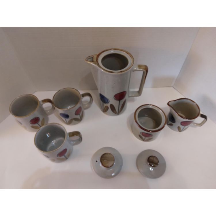 Vintage Speckled Stoneware Hand Painted Tea Pot Mugs Sugar Creamer Set Japan