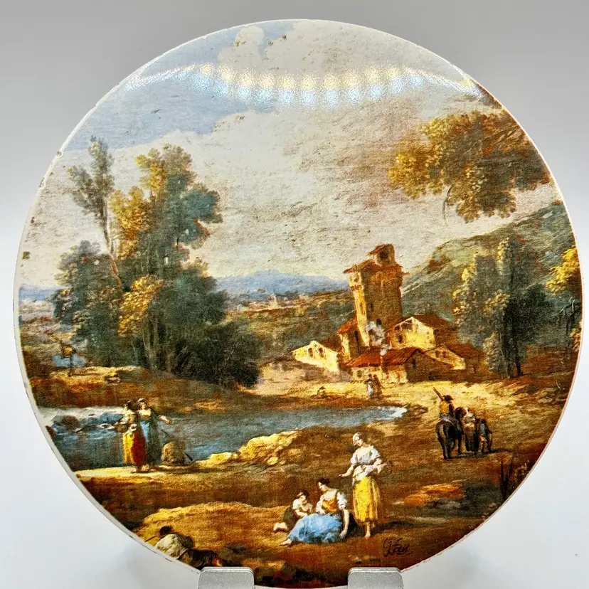 Vintage Scenic Primitive Farmer Countryside Decorative Trivet, Pastoral Village Landscape, Collectible Wall Art, By Little Hampton, Made In Sussex, England