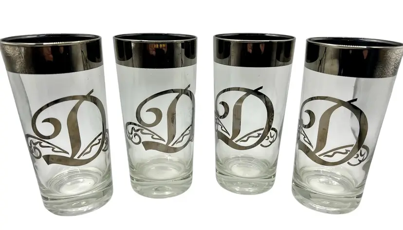 Set of 4 Vintage Monogram Initial D Silver Tone Rim Highball Tumbler Glass 5.5”