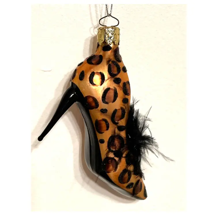 Christborn Germany Christmas Stiletto Shoe Leopard Print Glass Ornament with Black Feather 4 in Height