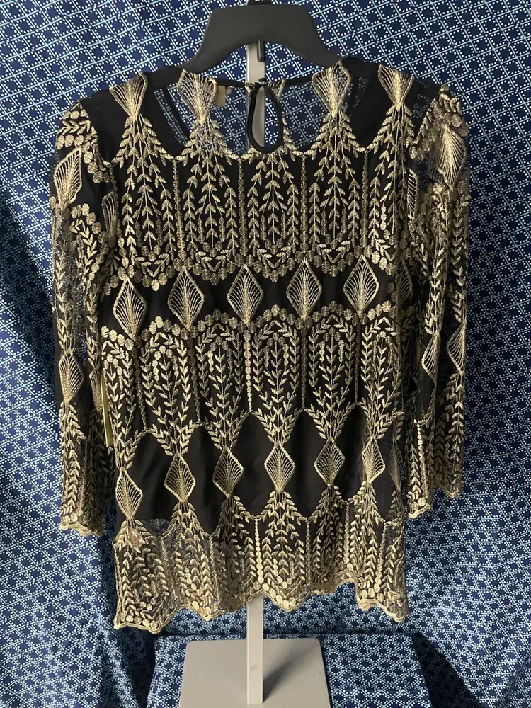 Reba Women’s Gold Embroidery Womens Blouse NWT