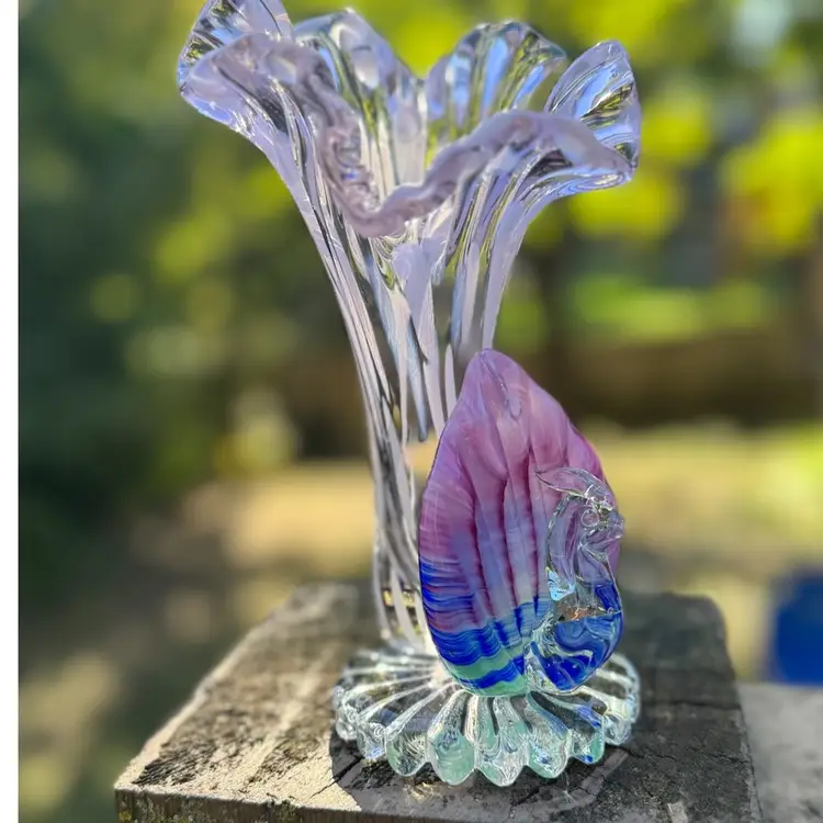 Art Glass Peacock 🦚 Vase 7.5”