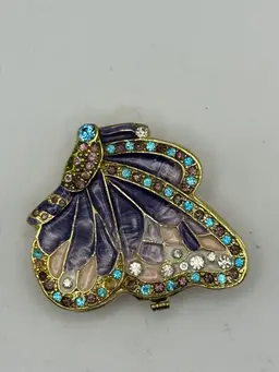 Trinket/Pill Box - Pastels Butterfly Hinged Enamel And Crystals 2” X 2.5”
