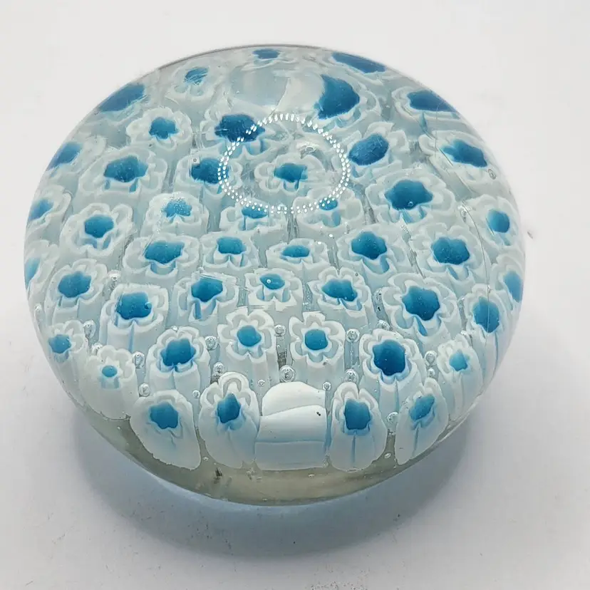 Blue and White Millefiori Glass Paperweight in a Murano Style
