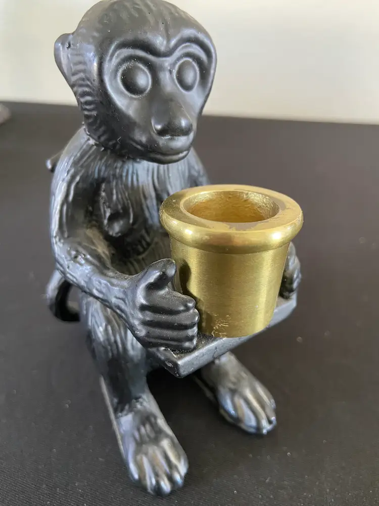 Cast Metal Monkey Holding a Brass Candle Holder, 5" Tall
