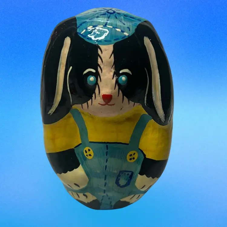 Hand Painted Large Egg Shaped Folk Art Bunny Rabbit.