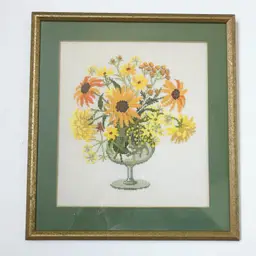 Vintage Framed Floral Flower Crewel Embroidery Wall Hanging Art