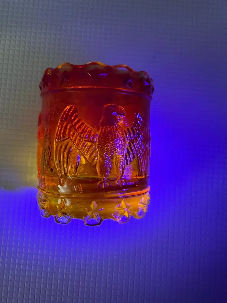 Amberina Kanawha Eagle and Stars Glass Toothpick Holder. UV Reactive