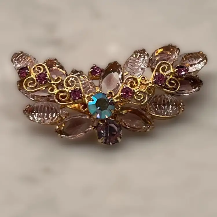 Vintage Pink Rhinestone And Art Glass Givre Gold Tone Brooch