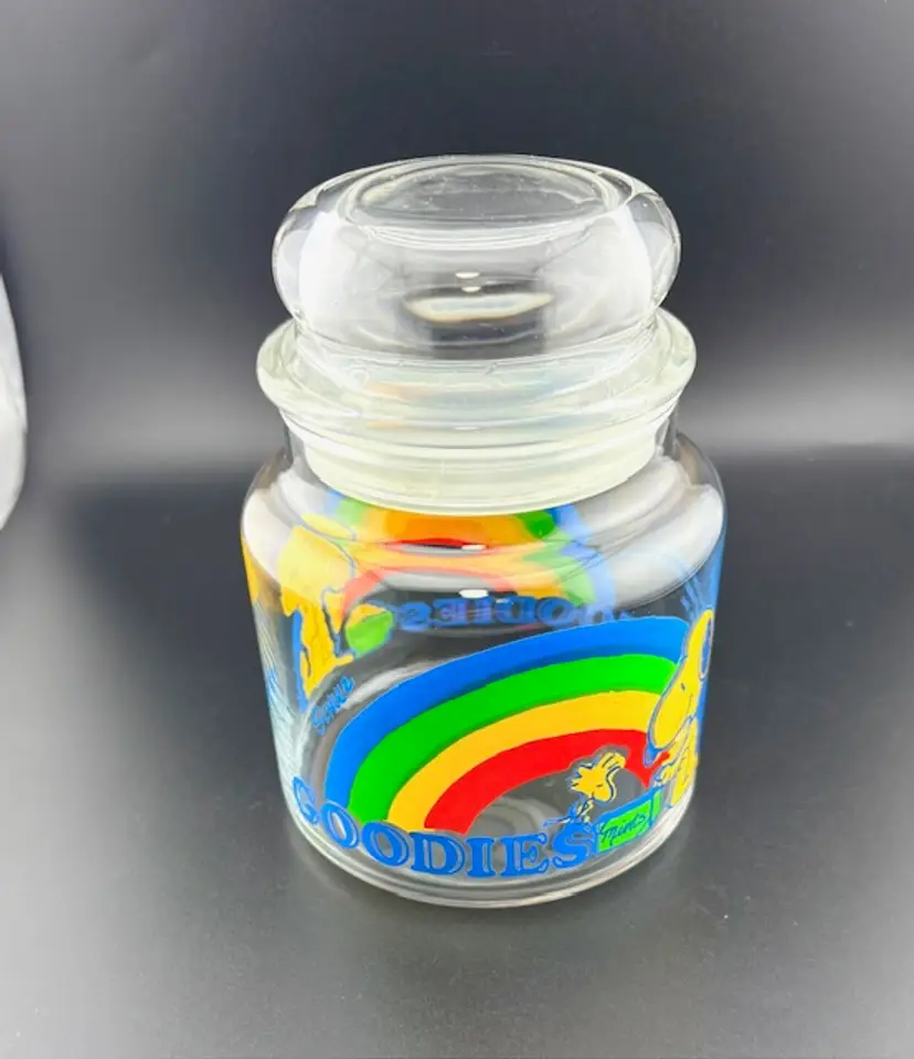 Vintage Snoopy Glass Goody Jar with Lid - Snoopy & Woodstock Rainbow Design