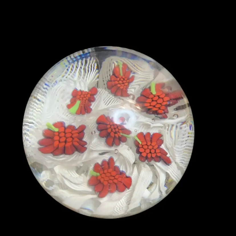 Vintage Murano Millefiori Italian Art Glass Red & Green Flowers Paperweight Has Original Sticker Beautiful Polished Bottom