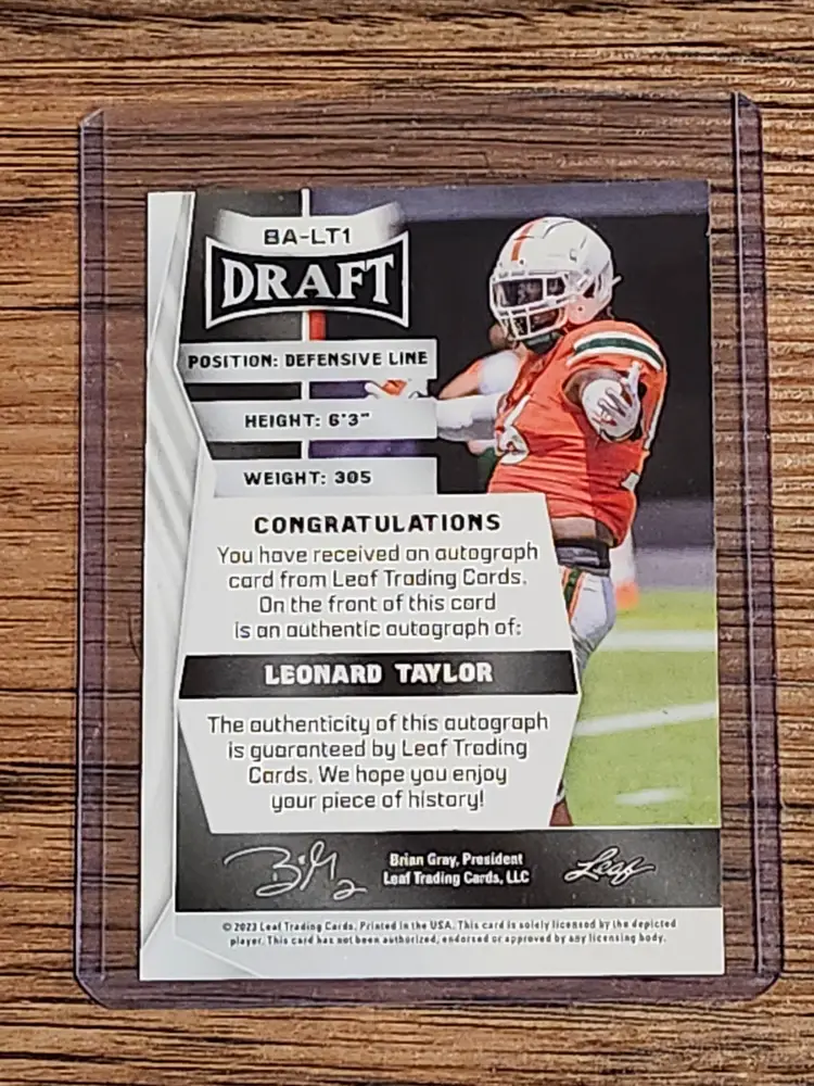 Leonard Taylor Signed Rookie Card, Yellow Variant - 2023 Leaf Football, Box Fresh
