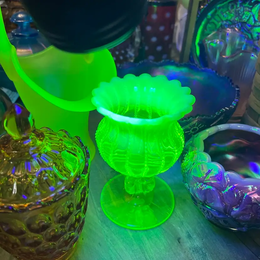 Northwood Vaseline Uranium Topaz Opaline Goblet/compote -SUPER GLOWER!!!