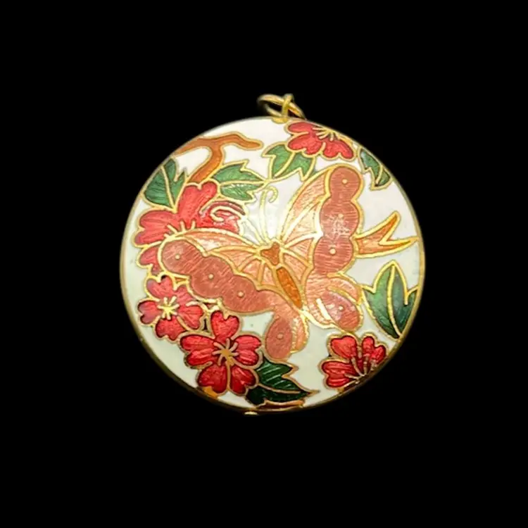 Cloisonne Pendant Butterfly Floral Double Sided Reversible Puffed | 1.25”