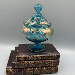 Vintage Bohemian or Venetian Hand-Painted Blue Glass Covered Jar | Gold Gilt & Enamel Candy Dish 6”x 3”