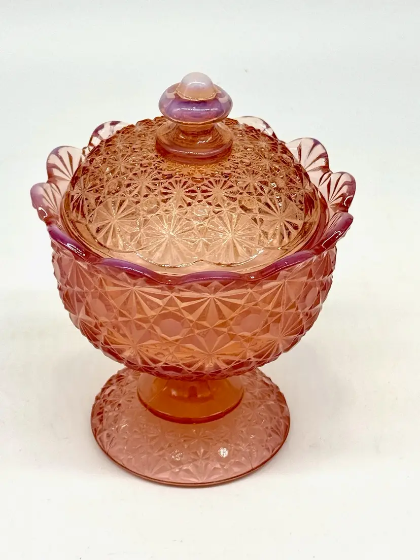 Vintage Le Smith Pink Opalescent Daisy And Button Candy Dish 7”h 5”w