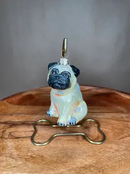 Fawn Pug Dog Animal Blown Glass Christmas Ornament Holiday Decoration With Wire "Bone" Stand