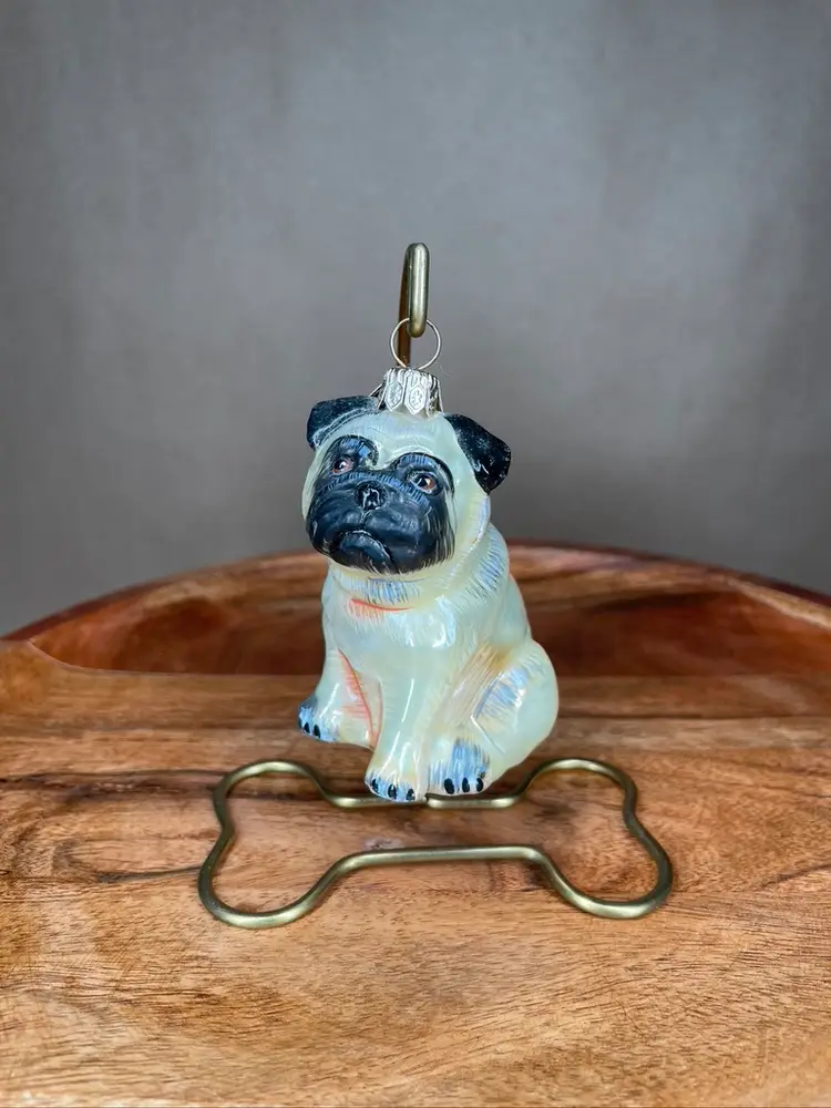 Fawn Pug Dog Animal Blown Glass Christmas Ornament Holiday Decoration With Wire "Bone" Stand