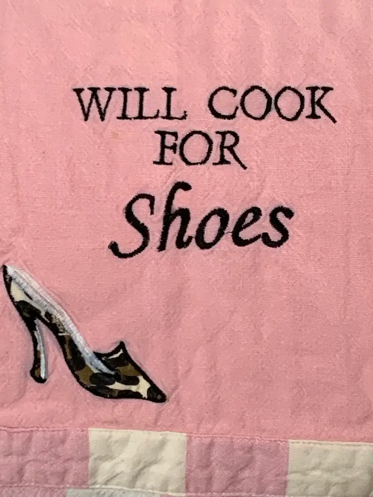 Apron. “Will Cook For Shoes. Lots And Lots Of Shoes” Pink And Cream. Cotton Embroidered 