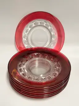 Tiffin -Franciscan -Kings Crown- Ruby Flash 8 1/4" Luncheon Plates (8)