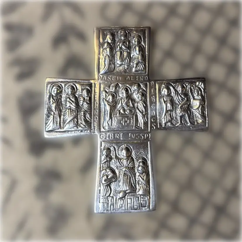 Gretchen Collection Pewter Cross with the Miracles of Christ Scenes and Latin Writing Wall Art - 8.5” tall and 7.5” wide