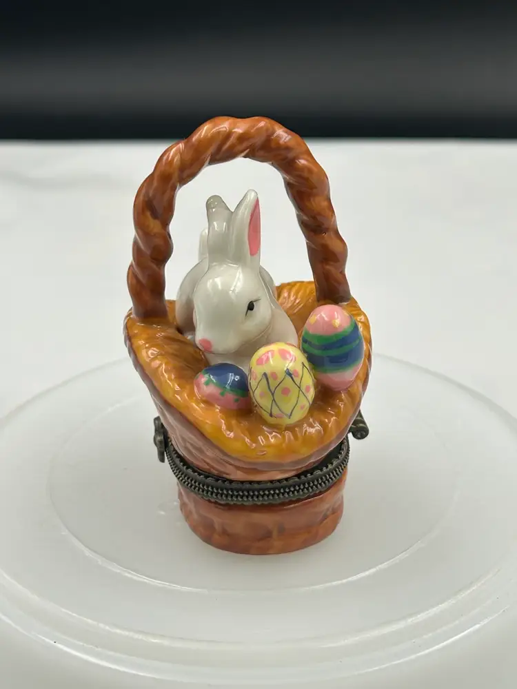 Adorable Ceramic Easter Bunny with Eggs in the Basket Trinket Box