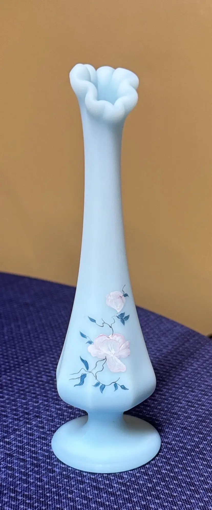 Fenton Blue Satin Glass Swung Vase 7.75" Hand Painted Signed Pink Flowers