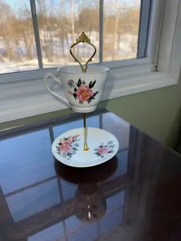 Vintage Handmade 2 Tiered Floral Tiered Tray, teacup/ saucer; trinket dish