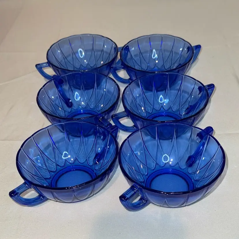 Vintage Hazel-Atlas Newport "Hairpin" Cream Cobalt Blue Depression Glass Soup Bowl Set Of 6