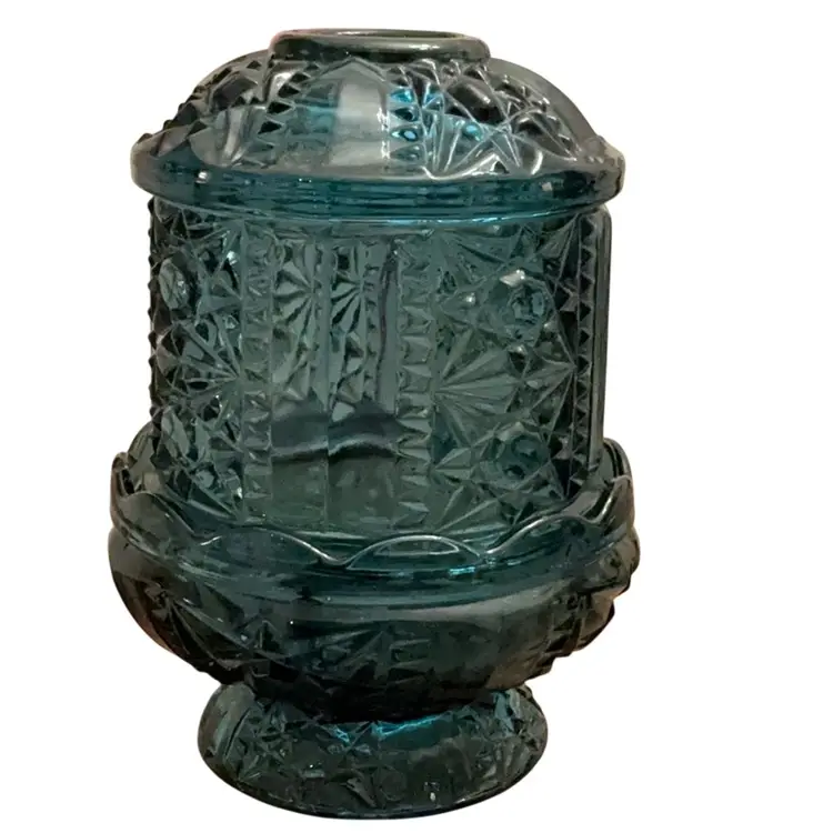 Vintage Indiana Glass 2- Piece Rare HTF Blue Stars And Bars Fairy Lamp 6 1/2” X 4 1/2” READ