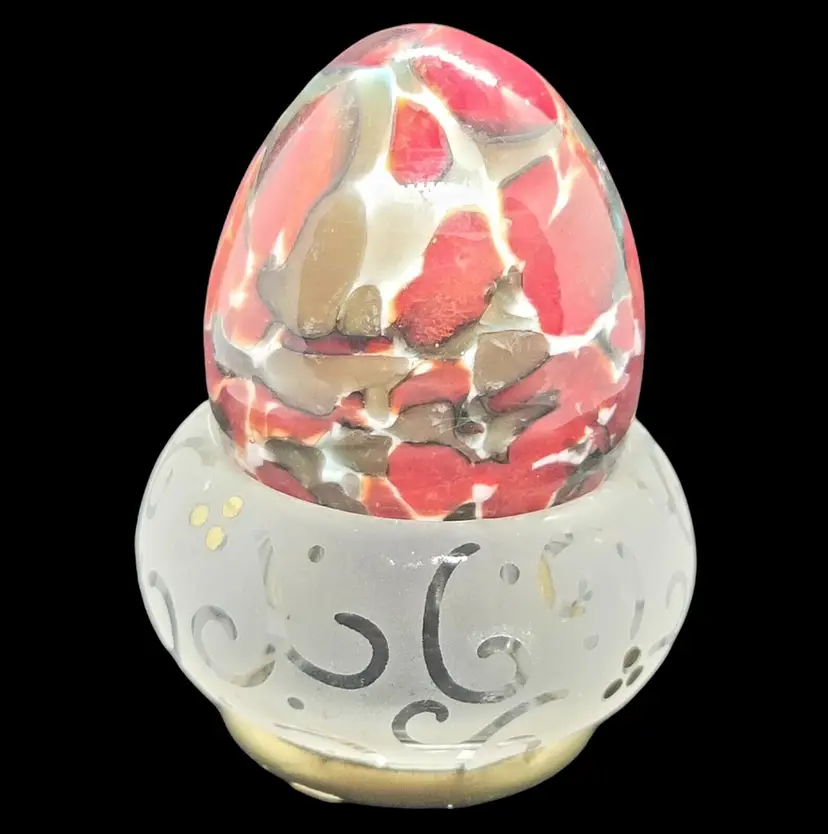 Vintage Art Glass Egg Paperweight With Stand Red Brown Gold Abstract Easter