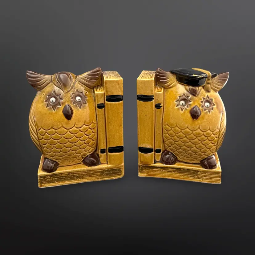 Vintage Ceramic Owls With Googly Eyes Bookends Japan 5.25” Tall