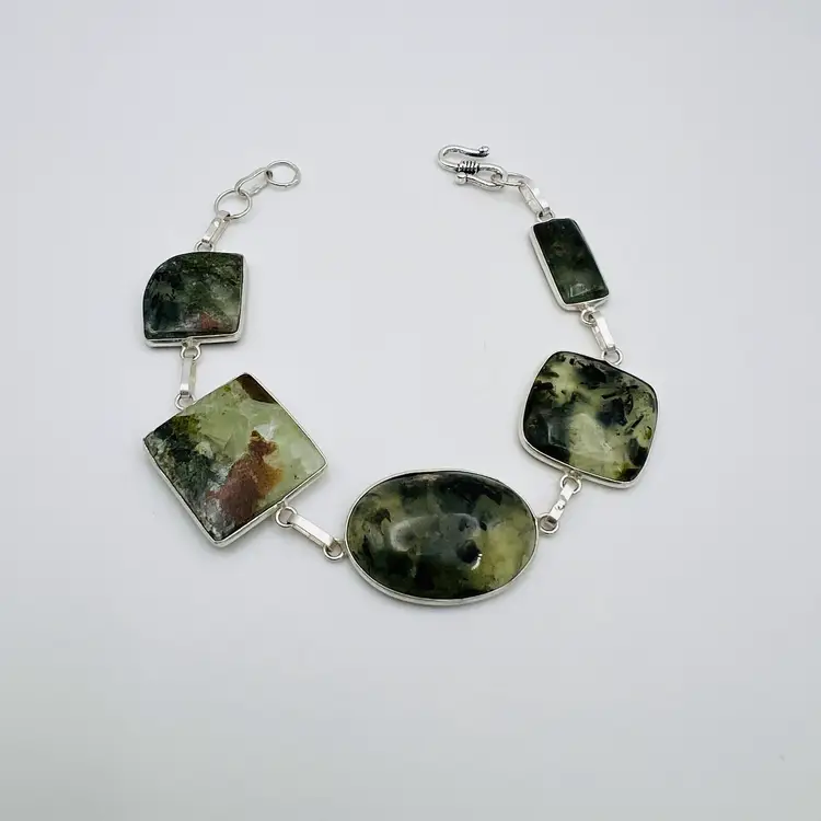 Handcrafted 5-Stone Prehnite Bracelet in Sterling Silver Finish